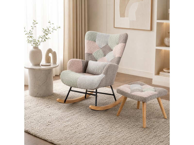 Fauteuil à bascule avec repose-pieds, coussin lombaire et poche latérale, en velours multicolore - Conforama B
