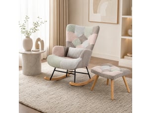 Fauteuil à bascule avec repose-pieds, coussin lombaire et poche latérale, en velours multicolore