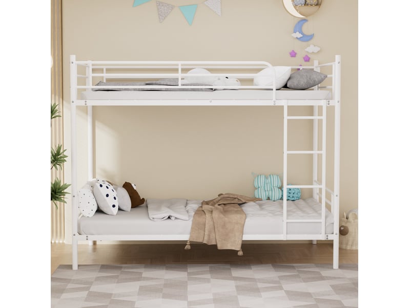  Lit superposé 90 × 190 cm 2 places avec échelle antidérapante et barrières hautes, sans matelas, en acier, blanc  - Conforama B