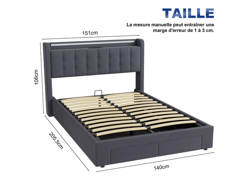  Lit coffre 140x190 cm avec led et usb gris foncé evryae  - Conforama D