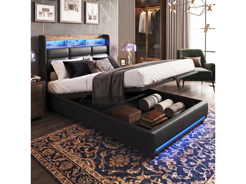 Dreammespace lit coffre 90x200 cm - lit simple 1 place avec rangement hydraulique prises et led ambiance, métal et simili cuir pu noir DreamMespace - Conforama C