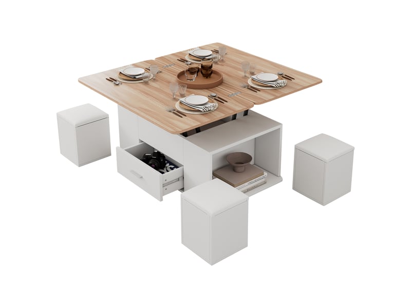  Table basse relevable - table de salon multifonctionnelle 4 en 1 - avec con 4 tabourets e rangement caché - blanc et bois  - Conforama A
