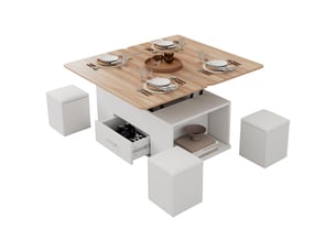 Table basse relevable - table de salon multifonctionnelle 4 en 1 - avec con 4 tabourets e rangement caché - blanc et bois
