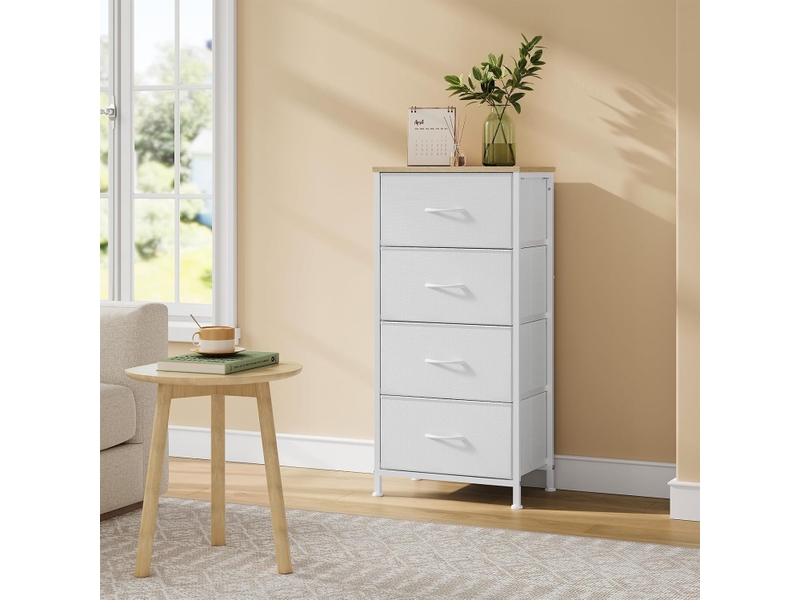 Commode 4 tiroirs, meuble de rangement à tiroirs en tissu, dessus en bois d'ingénierie e1,blanc - Conforama B