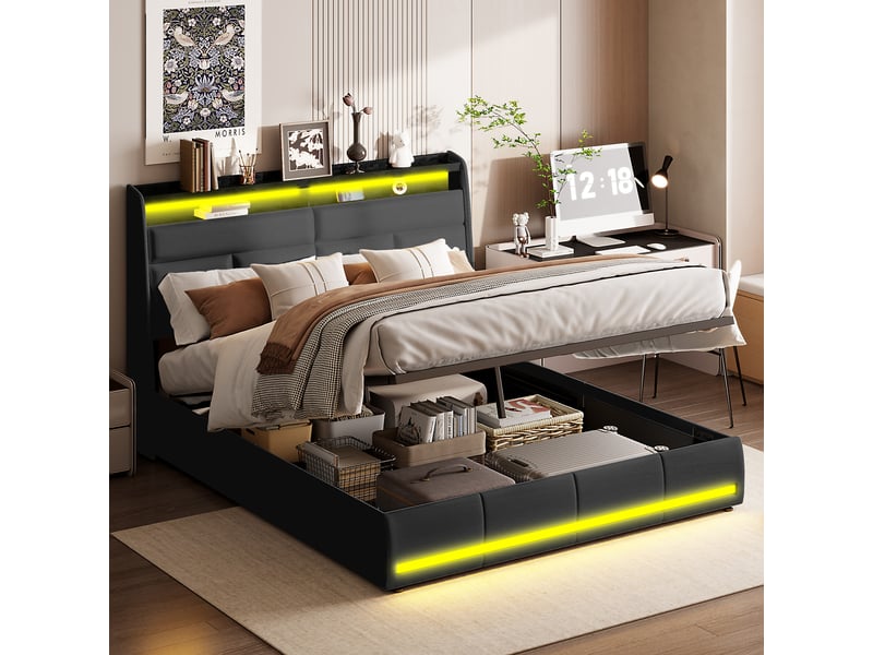 Lit double coffre - 160 x 200 cm-noir - en similicuir pu, avec tête de lit à étagères, double éclairage led et vérins hydrauliques  - Conforama C
