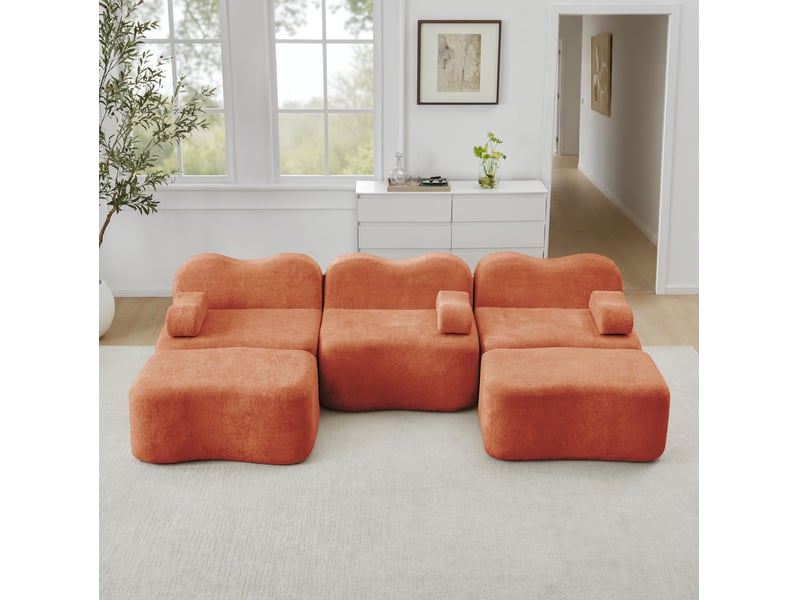 Canapé modulaire 3 places en u avec 2 poufs, velours orange - Conforama D