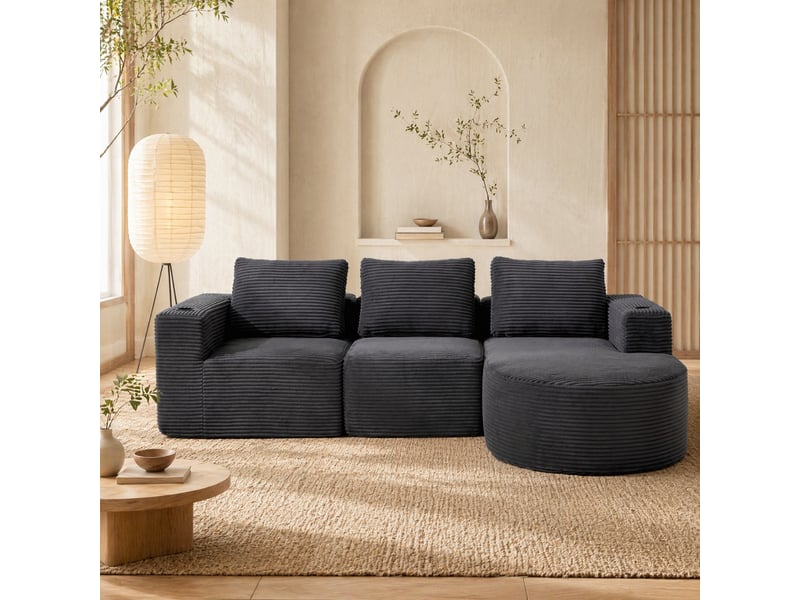  Canapé droit 2 places avec 3 coussins et double porte-gobelet  - assise double mousse, polyester gris foncé 265×176×60 cm  - Conforama C