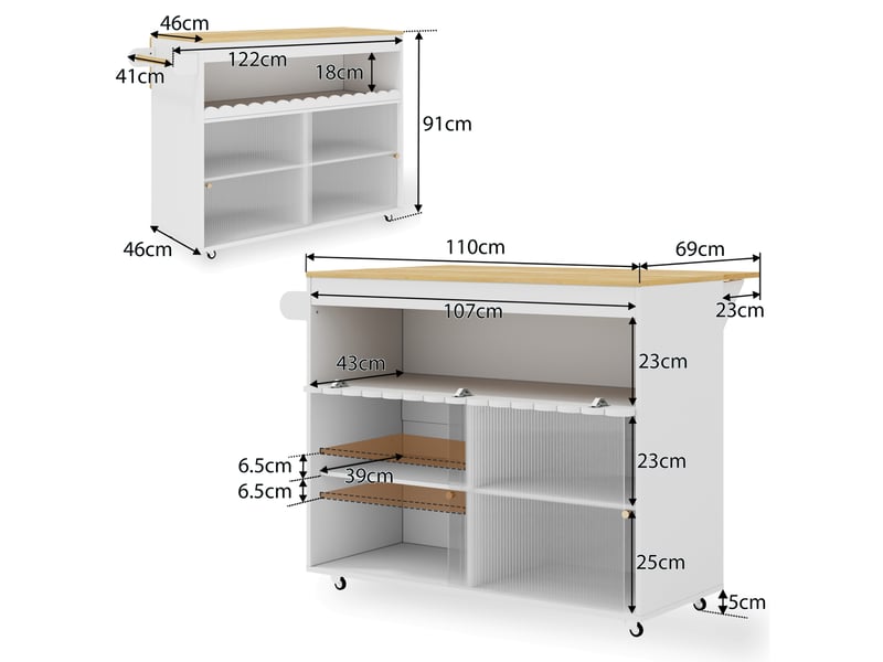  Desserte de cuisine 122 x 46 à 69 x 91 cm, blanc et naturel, mdf, plateau rabattable et portes coulissantes  - Conforama C