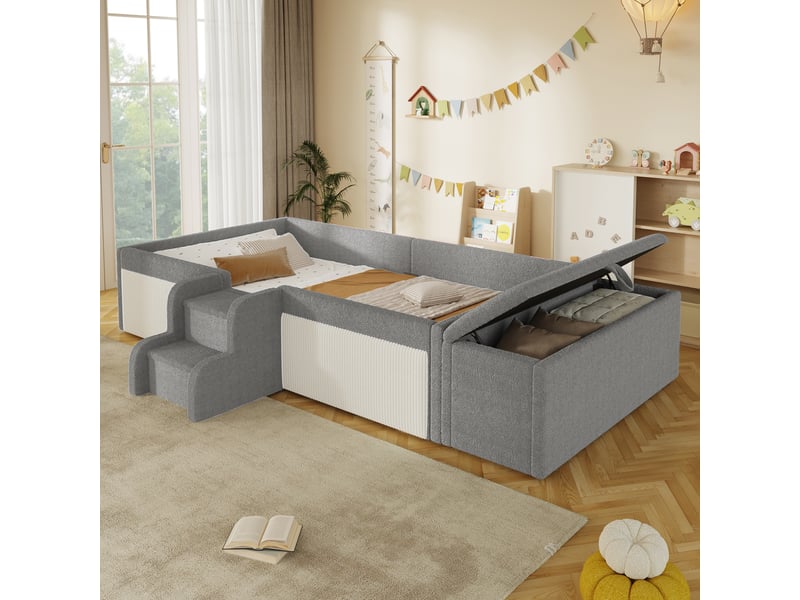 Lit enfant 90 x 190 cm, banc coffre mobile, escalier 2 marches, contours rembourrés, sommier à lattes inclus, revêtement bouclé, gris et blanc Luxe haut de gamme - Conforama D