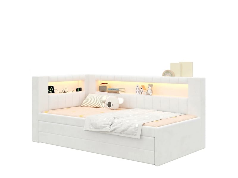  Lit banquette 90x200 capitonné avec ports usb, éclairage led, lit gigogne avec 3 tiroirs, blanc  - Conforama A