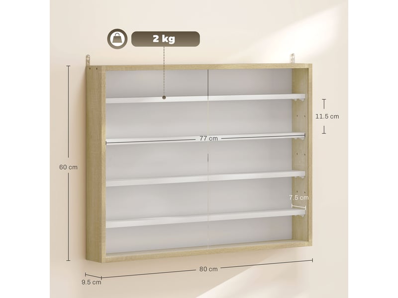  Tableau d'affichage en bois réglable à 4 niveaux avec portes vitrées, 80 x 9,5 x 60 cm, blanc et bois  - Conforama E