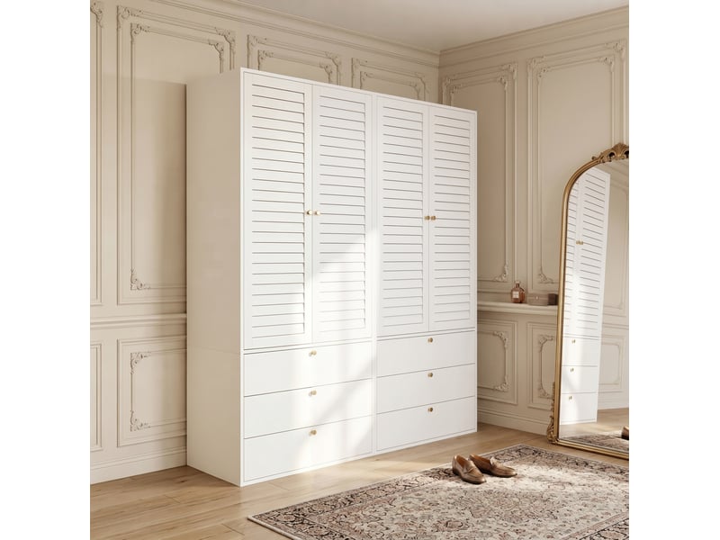  Armoire 4 portes 180x50x200 cm blanche avec 6 tiroirs et 2 penderies  - Conforama D