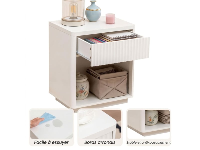  Lot de 2 tables de chevet modernes 55x40x63,5 cm avec 1 tiroir et 1 niche ouverte – bouts de canapé blancs avec façade ondulée et glissières silencieuses – blanc  - Conforama D