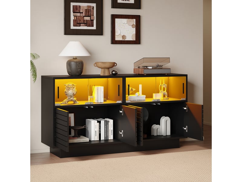  Buffet noir 130x35x68 cm avec 4 portes vitres coulissantes et éclairage led intégré panneau de particules  - Conforama R
