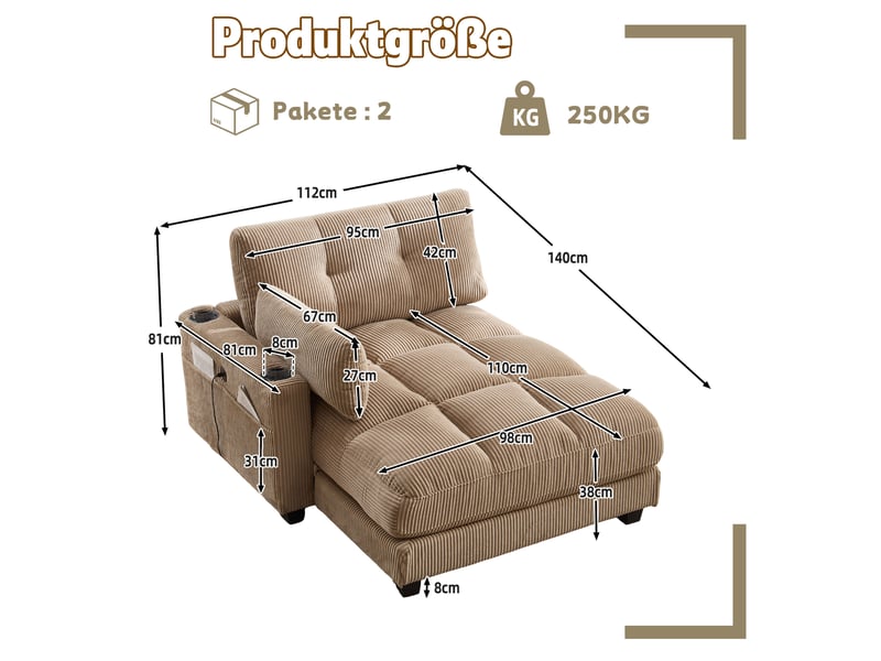  Fauteuil avec têtières réglables, usb, 3 porte-gobelets et poche latérale en velours côtelé kaki 140 × 112 × 81 cm  - Conforama D