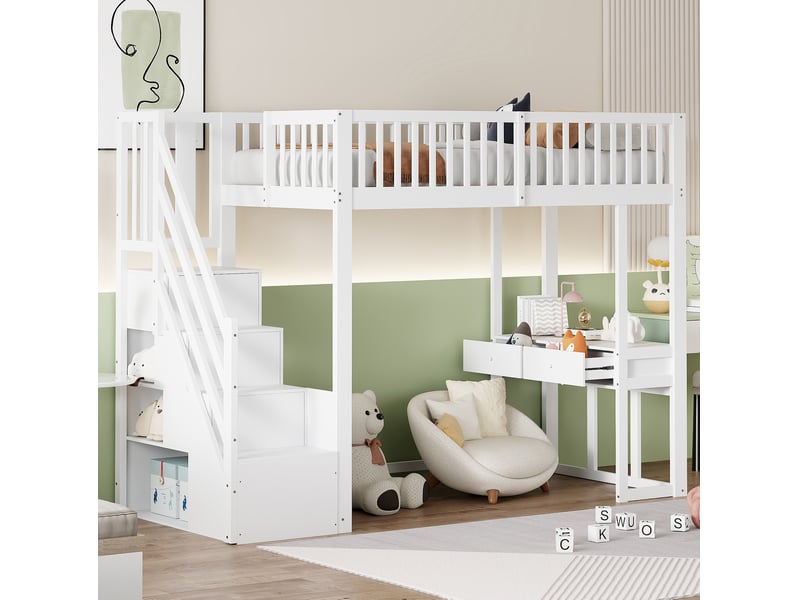  Lit mezzanine enfant 90x200 cm – blanc – escalier de rangement et bureau multifonction – sans matelas  - Conforama B