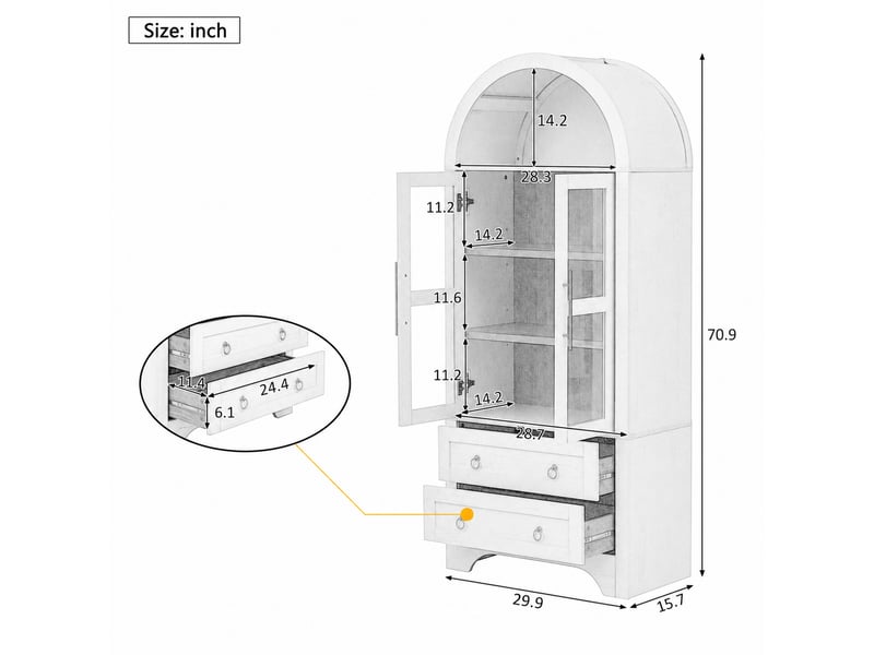  Vaisselier blanc avec portes en verre et tiroirs, buffet haut pour salle à manger 180cm (sans matelas).  - Conforama C