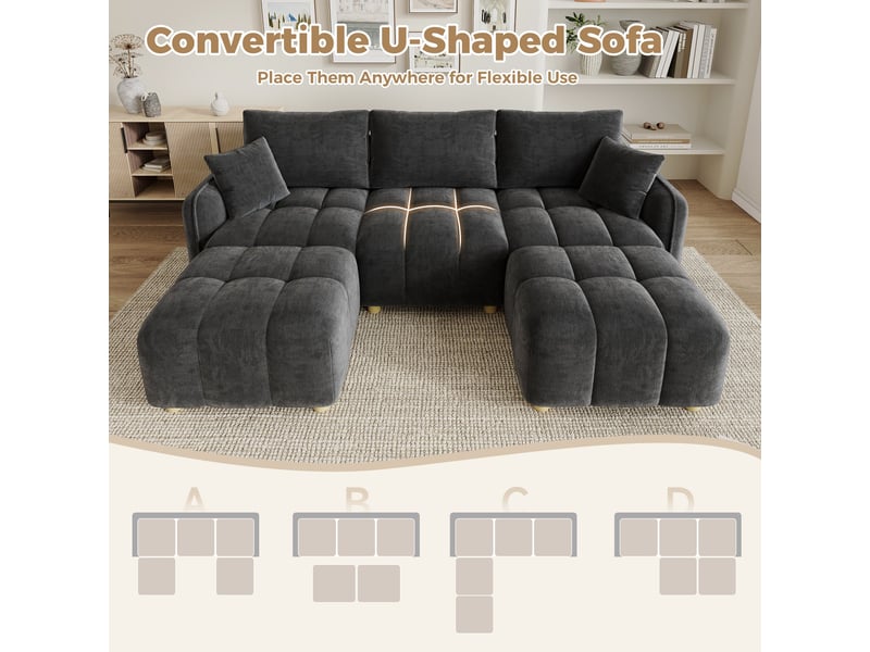 Canapé d'angle modulable 5 places en lu avec 2 poufs, canapé nuage en tissu chenille, larges accoudoirs, gris - Conforama D