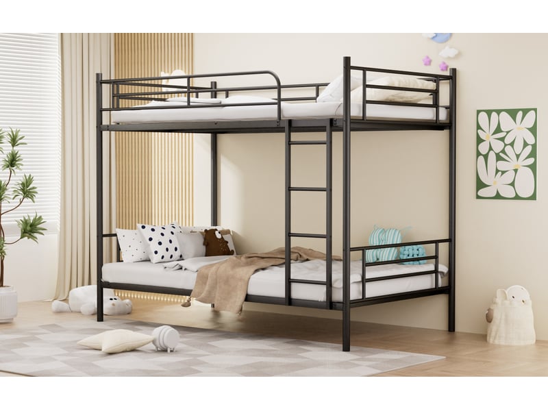  Lit superposé 90 × 190 cm 2 places avec échelle et barrières de sécurité, sans matelas, en acier noir  - Conforama B