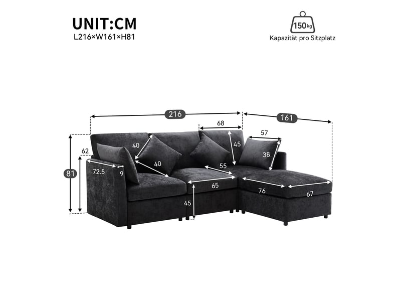  Canapé d'angle modenvie modulable 3 à 4 places avec pouf mobile en chenille gris 216 x 161 x 81 cm  - Conforama C