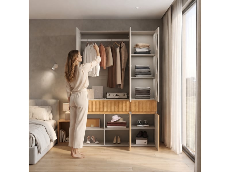  Armoire 6 portes chêne clair et gris avec penderie et 2 tiroirs 135x50x200 cm pour chambre  - Conforama B