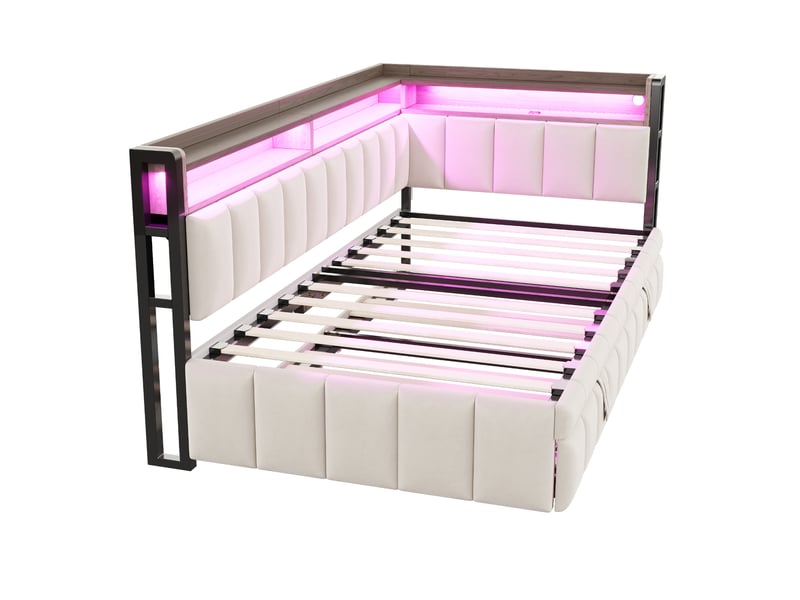 Lit gigogne 90x200 cm en velours beige, led réglable, rangements et ports usb type-c intégrés au dossier - Conforama D