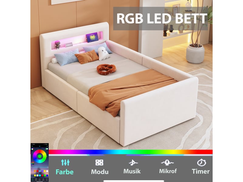  Lit coffre enfant 90x200 cm, led, port usb, espace de rangement, sommier, velours beige, sans matelas  - Conforama E