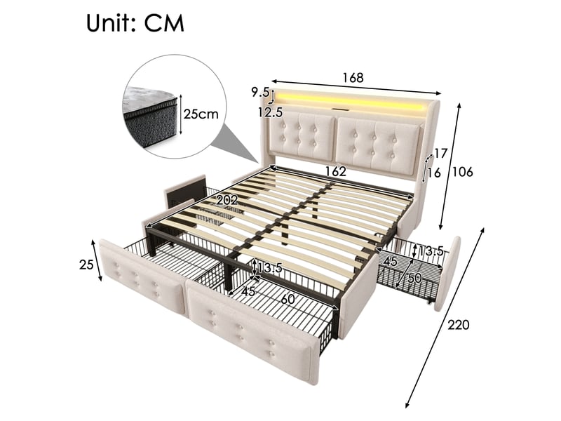 Lit double 160×200 cm avec 4 tiroirs, led réglable, usb et type-c - okmyhome- beige, matelas inclus  - Conforama D