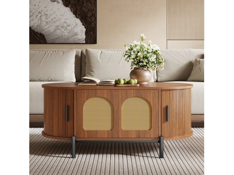  Table basse ovale avec 3 portes coulissantes et rangement en rotin, pieds métal, pour salon, 100 × 50 × 40 cm  - Conforama C