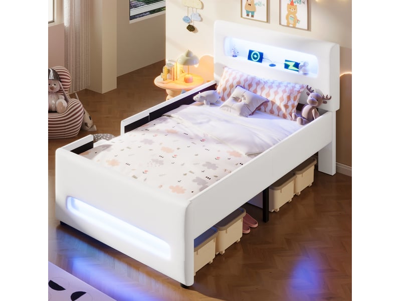  Lit enfant rembourré 90x200 cm avec escalier, tiroir, led et usb, blanc  - Conforama B