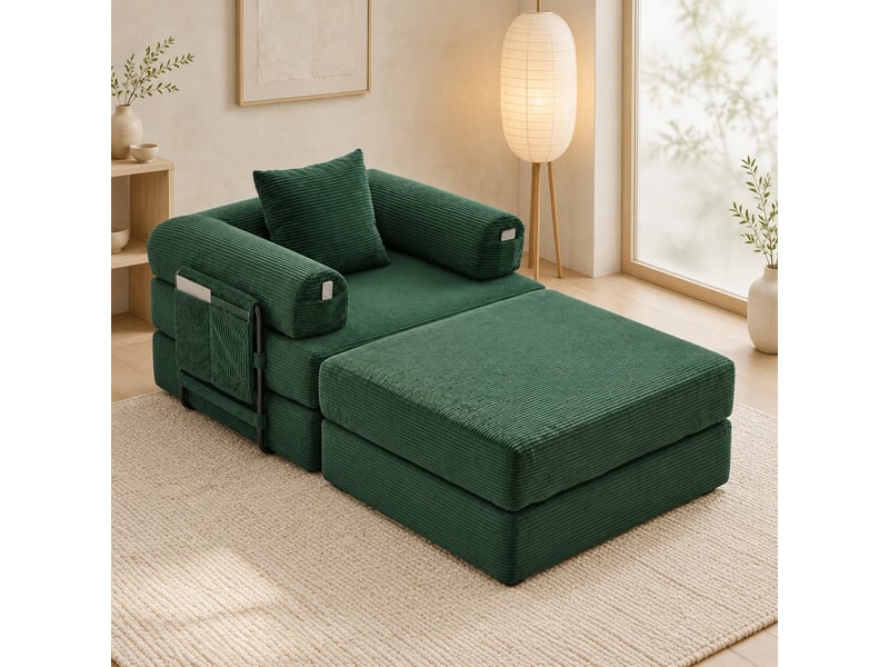  Fauteuil 1 place modulable avec pouf en velours côtelé vert émeraude  - Conforama C