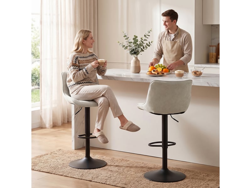  Ensemble de 2 tabourets de bar pivotants et réglables avec base et dossier en métal, blanc crème  - Conforama C