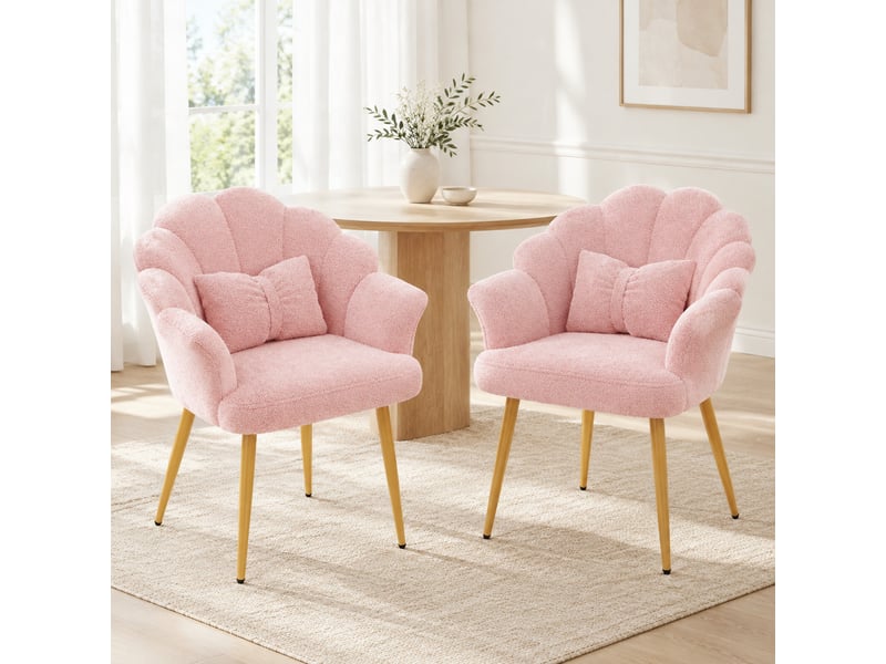  Lot de 2 fauteuils de salle à manger à dossier pétale en tissu teddy rose  - Conforama C