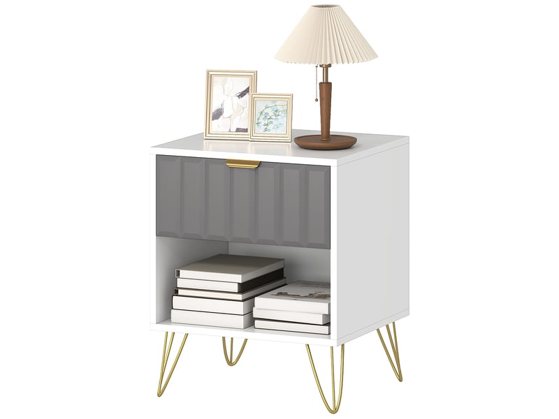  Table de chevet, table d'appoint compartiment ouvert, tiroir et poignée, pieds en acier, 45 x 40 x 55, blanc  - Conforama B