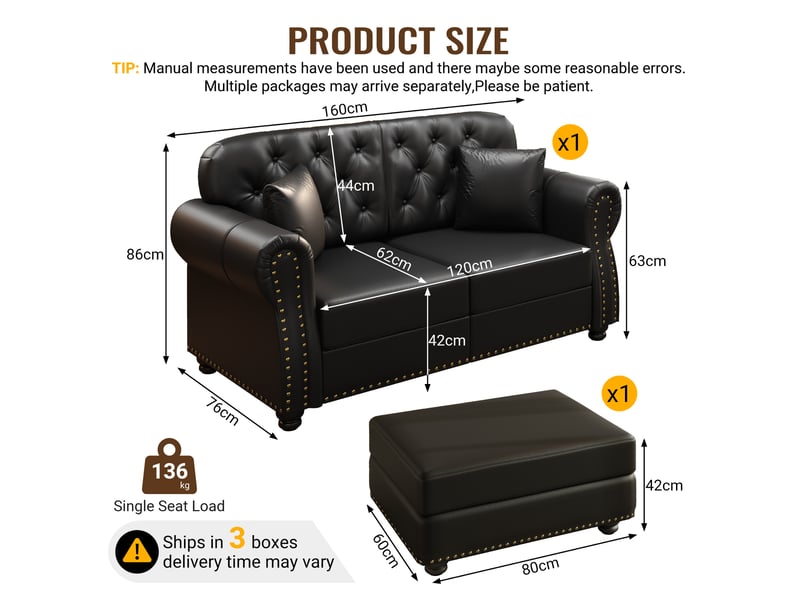  Canapé chesterfield 2 places + 1 pouf en simili cuir noir, 160 cm Fay Lum - Conforama C