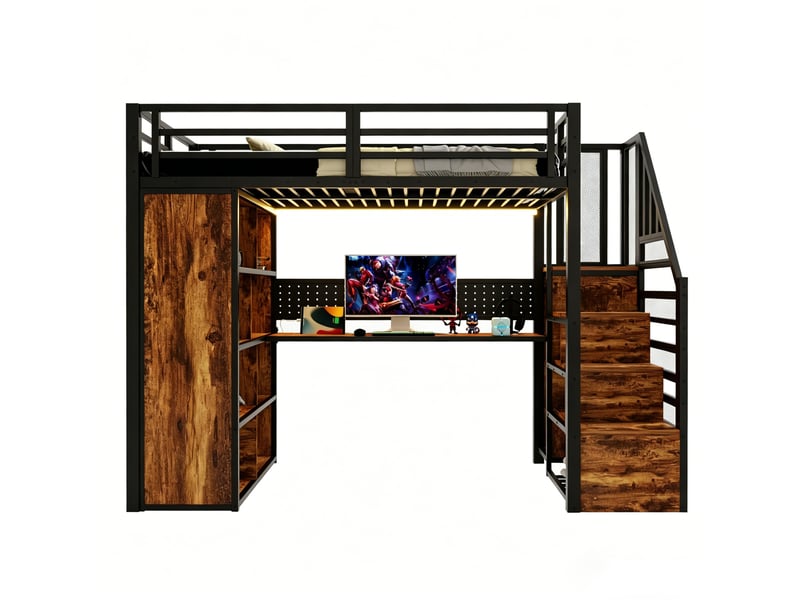  Lit mezzanine 1 place avec escalier de rangement, armoire, bureau et led 90×200 cm, sans matelas, noir  - Conforama A