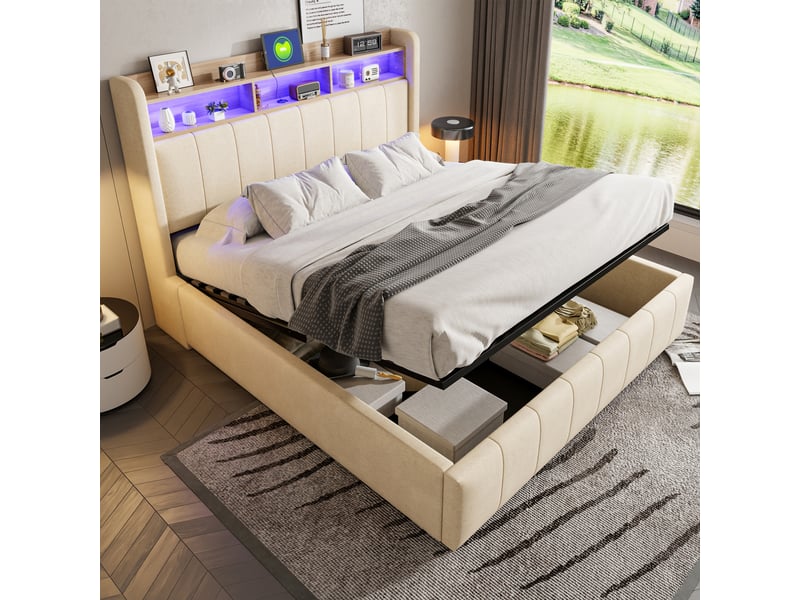  Lit coffre hydraulique rembourré 160x200 cm, tête de lit à rangement, led multicolore, usb rapide et usb-c, sommier à 24 lattes, lin beige Radiant Stride - Conforama D