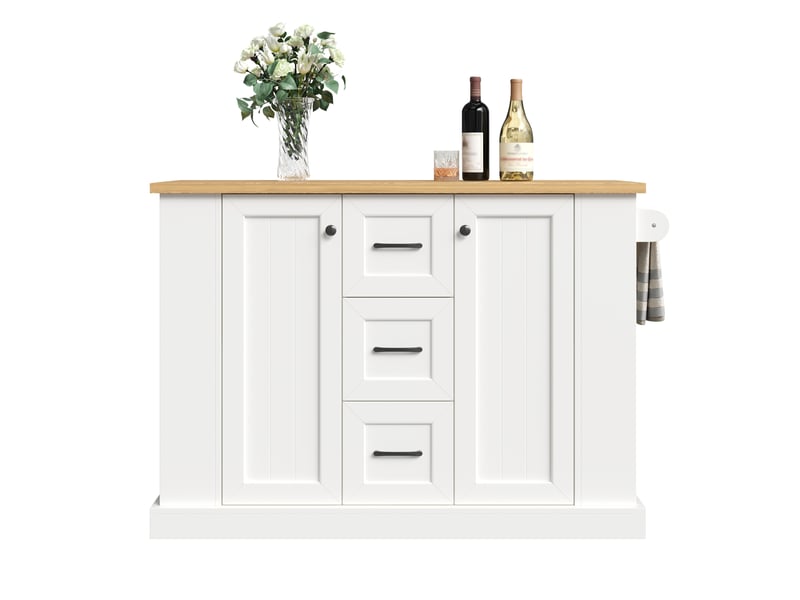 Îlot de cuisine mobile 120x4570x90 cm, plateau rabattable, 3 tiroirs, roulettes verrouillables, mdf, blanc - Conforama A