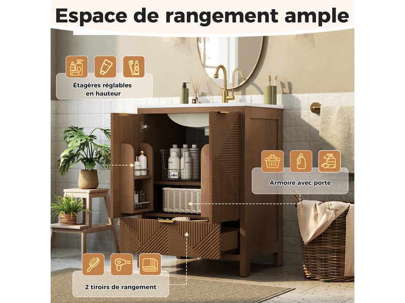 Meublede salle de bain 61 cm avec vasque céramique,61 x 47 x 87 cm,noyer,panneau mdf,porte double et tiroir à fermeture amortie - Conforama D