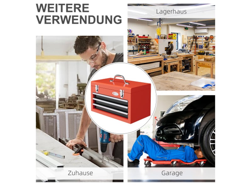  Coffre à outils en acier rouge avec 3 tiroirs, compartiment supérieur, 2 serrures, poignée, boîte de rangement 45x24x27 cm pour atelier  - Conforama C