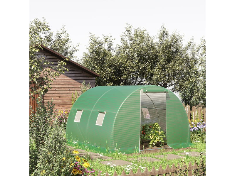  Serre de jardin tunnel 9 m² 4 fenêtres, porte zippée enroulable châssis acier galvanisé, bâche pe 3 x 3 x 2 m vert  - Conforama C