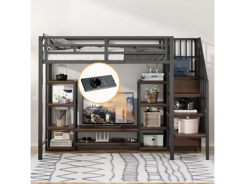  Lit mezzanine 90x200 cm métal et bois noir style industriel - lit simple - meuble tv, prise intégrée, escalier rangement  - Conforama E