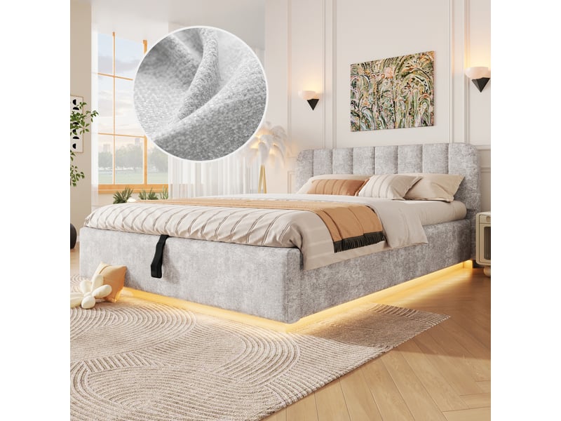  Lit coffre 140x200 cm - lit double rembourré avec coffre hydraulique, bande led et sommier,tissu chenille gris clair evarich - Conforama E