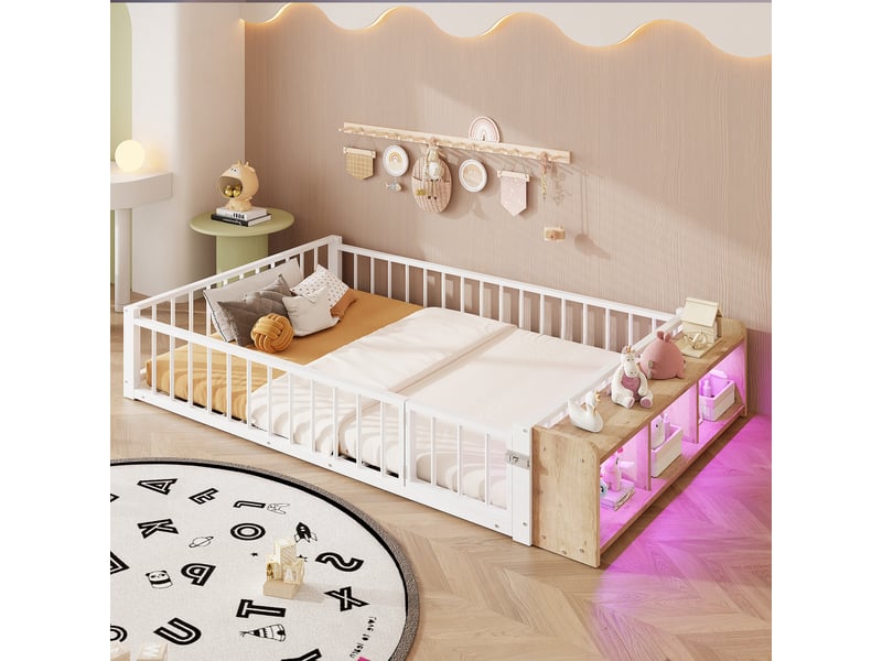  Lit enfant blanc avec rangement et éclairage led, lit en métal 140x200 avec barrière de sécurité, sans matelas.  - Conforama D