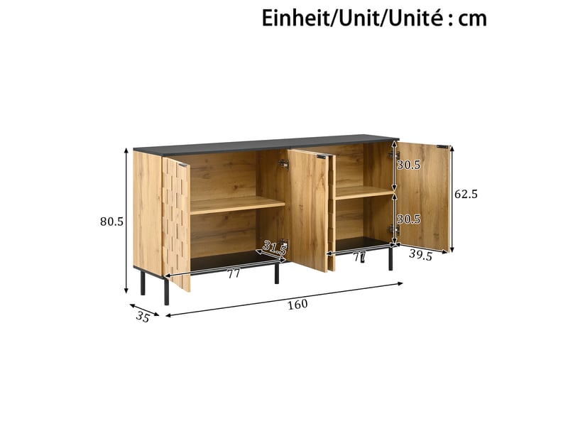  Buffet 2 portes avec étagère fixe - lpospi - pieds métal, panneau de particules naturel et noir, 160 × 35 × 80,5 cm  - Conforama D
