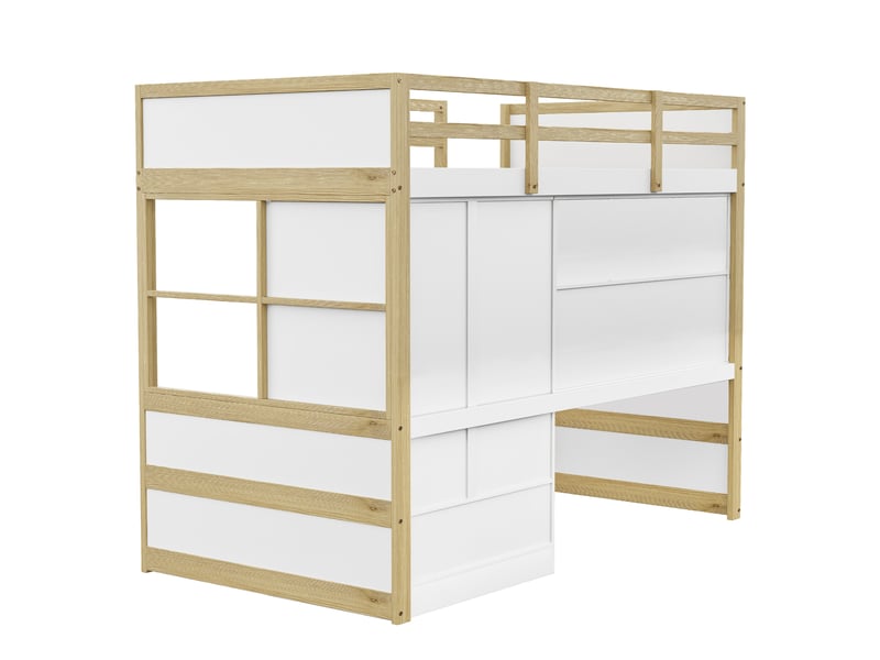  Lit mezzanine avec bureau et armoire, bois naturel, 90x200 cm, échelle, tiroirs et rangements intégrés  - Conforama E