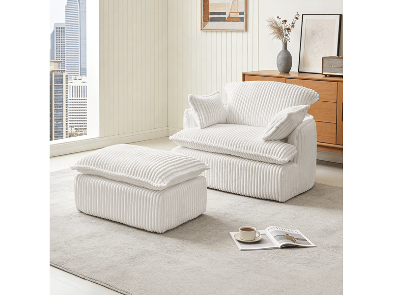  Fauteuil avec repose-pieds en velours côtelé beige 115 x 89 x 77 cm  - Conforama C