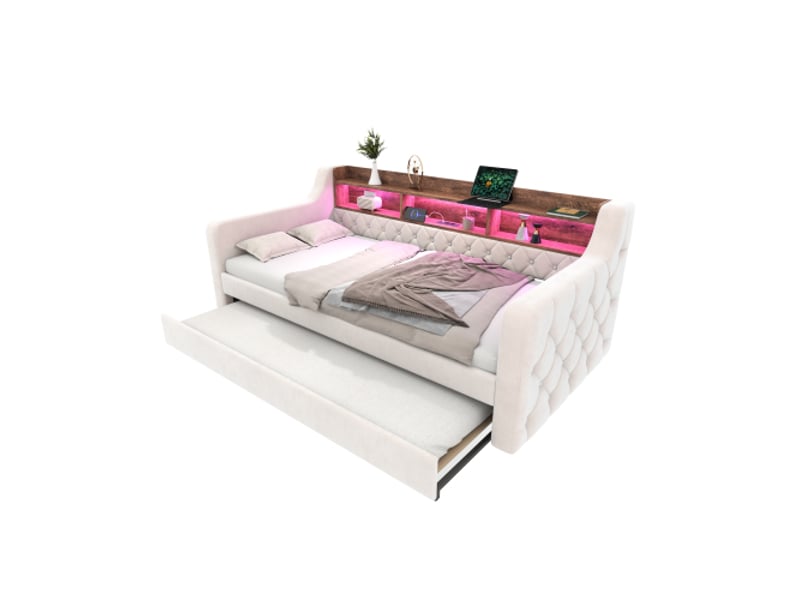  Lit enfant 90x190 cm avec lit gigogne 90x190 cm, éclairage led, port usb-c, rangement, sommier à lattes, en métal et bois, beige  - Conforama E