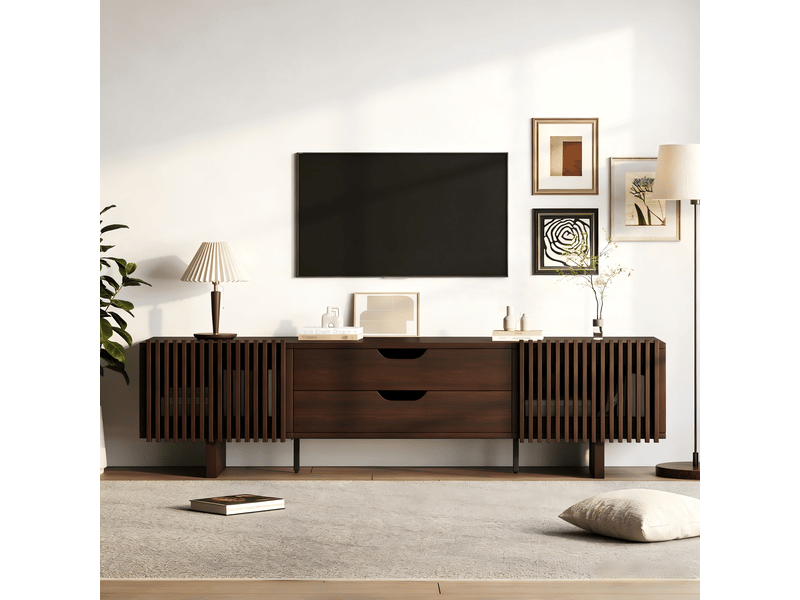  Meuble tv noyer 180 cm pour écran 75 pouces avec 2 tiroirs et portes persiennes  - Conforama W