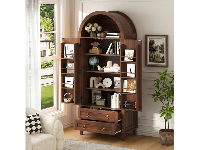  Buffet haut de rangement 76 x 40 x 179,5 cm, led contrôlée par application, mdf et panneau de particules, coloris noyer  - Conforama D